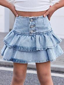 SHEIN 女童牛仔荷葉邊A字裙，兒童女童春夏季休閒度假鄉村波希米亞風穿搭，兒童女童沙灘裙 - 淺色水洗藍 - 查看 4