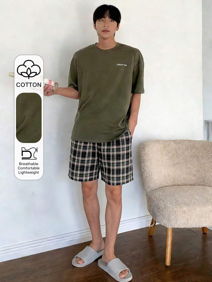 DAZY Men's Summer Letter Print T-Shirt And Plaid Pants Pajama Set - Multicolor - View 1