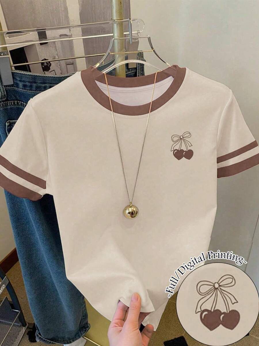 年轻女孩休闲时尚创意个性清新简约爱心、樱桃、蝴蝶结撞色印花基础款短款T恤,舒适百搭,适合春夏日常穿着。 - 彩色 - 查看 1