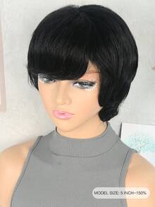 Peruca de cabelo humano com corte curto estilo Pixie, densidade de 150%, ondas encaracoladas, totalmente feita à máquina, cor preta natural, sem cola, sem renda, cabelo humano natural encaracolado e liso com franja, para uso diário e em feriados pelas mulheres - Natural Black - Visão 4