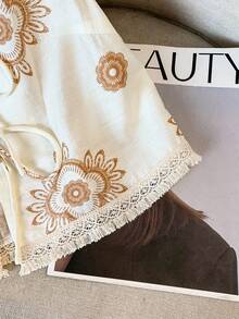 GlowEve Floral Print Tie Front Fringe Trim Shirt & Shorts 2 Pieces Set For Women, Vacation - Apricot - View 4