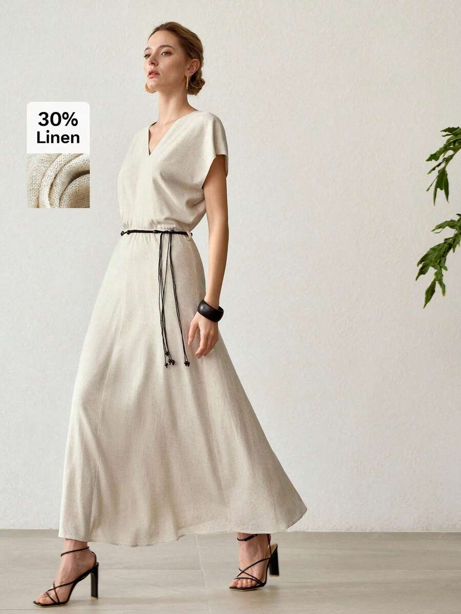 PREMIUM 优雅修身V领亚麻复古风束腰连衣裙，女士夏季款