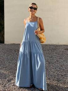 Livesso Women's Blue Backless Spaghetti Strap Dress, Casual Vacation Beach Style, Spring & Summer - Blue - View 8