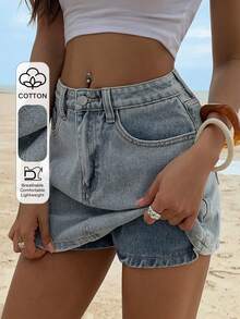 Livesso Váy ngắn denim xanh bạc màu kiểu vintage, quần short phong cách đường phố thường ngày, thích hợp cho lễ hội âm nhạc, ngày Valentine và các hoạt động ngoài trời. - Màu xanh lam - Xem 1