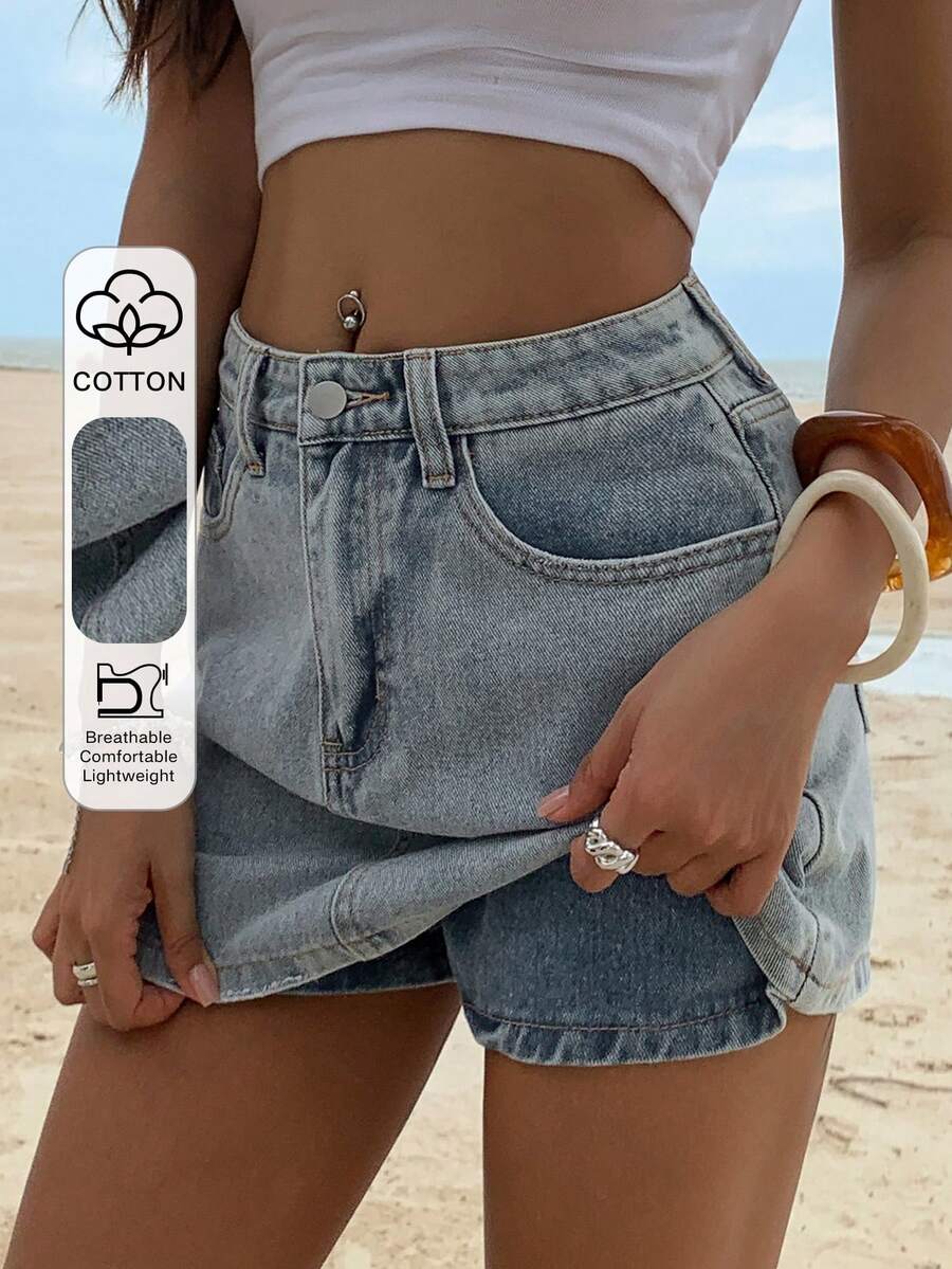 Livesso Váy ngắn denim xanh bạc màu kiểu vintage, quần short phong cách đường phố thường ngày, thích hợp cho lễ hội âm nhạc, ngày Valentine và các hoạt động ngoài trời. - Màu xanh lam - Xem 1