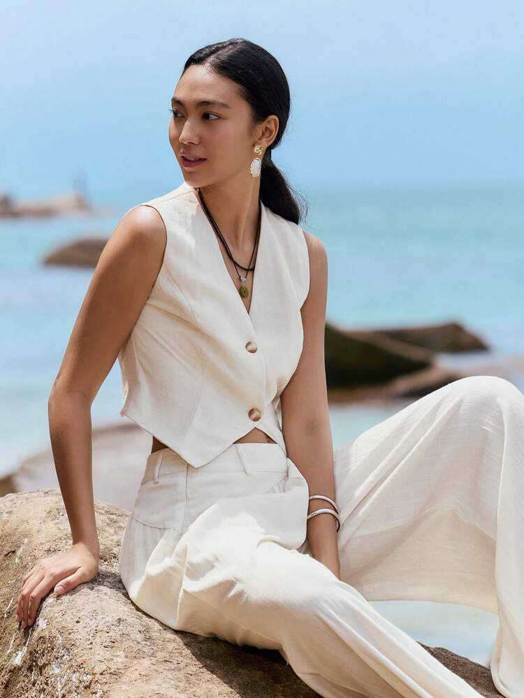 Women's Solid Color V-Neck Sleeveless Crop Top And Wide Leg Pants Elegant Vacation Summer 2-Piece Set Lounge Sets For Women