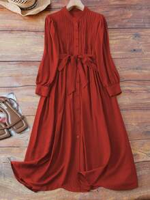 SHEIN LUNE CURVE Đầm dài tay cổ tròn dáng rộng thanh lịch, thoải mái, xếp ly eo, bán chạy nhất dành cho nữ cỡ lớn, thiết kế cài cúc đơn bằng vải lanh, phù hợp cho đi chơi hàng ngày, dự tiệc và mặc ở nhà. - trái cam - Xem 1