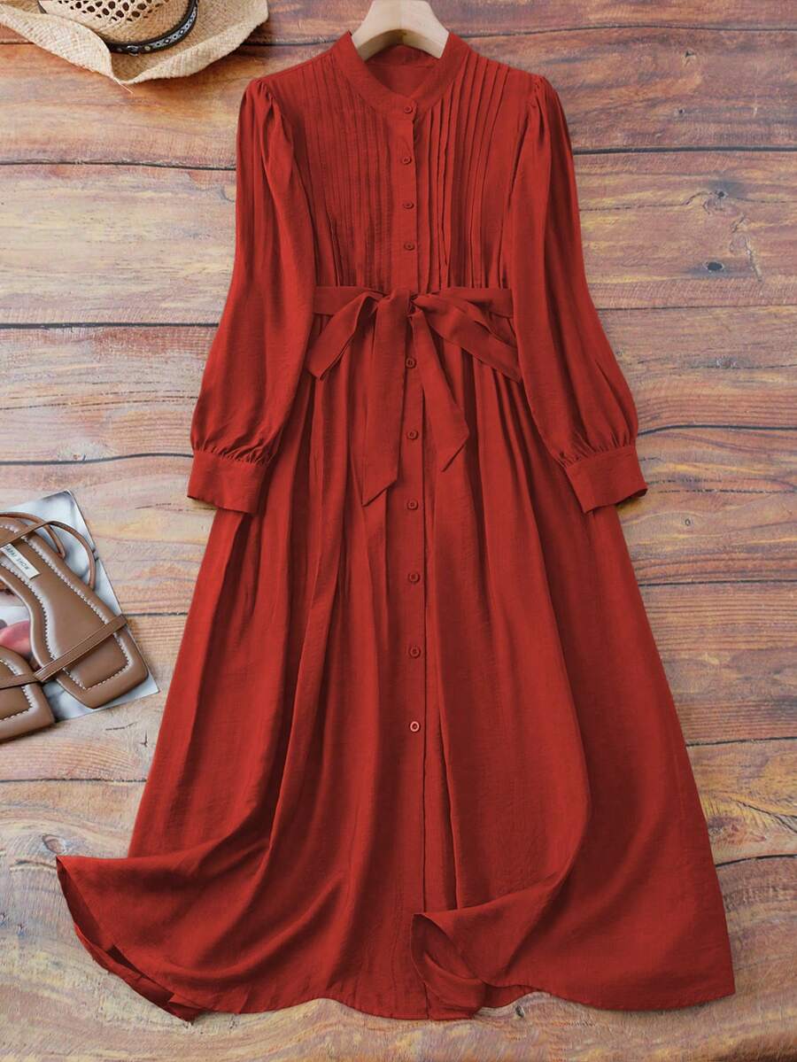 SHEIN LUNE CURVE Đầm dài tay cổ tròn dáng rộng thanh lịch, thoải mái, xếp ly eo, bán chạy nhất dành cho nữ cỡ lớn, thiết kế cài cúc đơn bằng vải lanh, phù hợp cho đi chơi hàng ngày, dự tiệc và mặc ở nhà. - trái cam - Xem 1