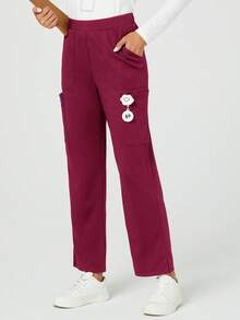 TaskEZ Women's Solid Color Elastic Waist Casual Everyday Scrub Pants - Burgundy - View 5