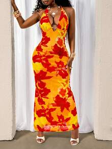 Glyssa Women's Summer Beach Vacation Red And Yellow Mesh Floral Print Bodycon Sexy Tropical Backless Dress For Party Caribbean Outfits For Women - Orange - View 5