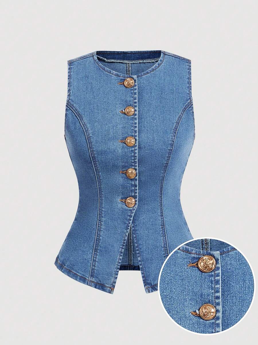 SHEIN MOD Áo sơ mi denim không tay cài cúc phía trước dành cho nữ, kiểu dáng thường ngày, thích hợp cho mùa hè. - Rửa trung bình - Xem 1