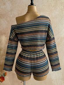 Soleia 女士夏季度假条纹不对称露肩短款上衣和短裤两件套 - 彩色 - 查看 2