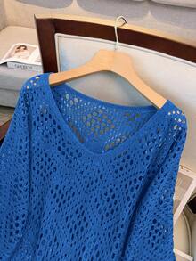 GlowEve CURVE Plus Size Women's Perforated 3/4 Sleeve Knit Sweater Fall - Blue - View 3