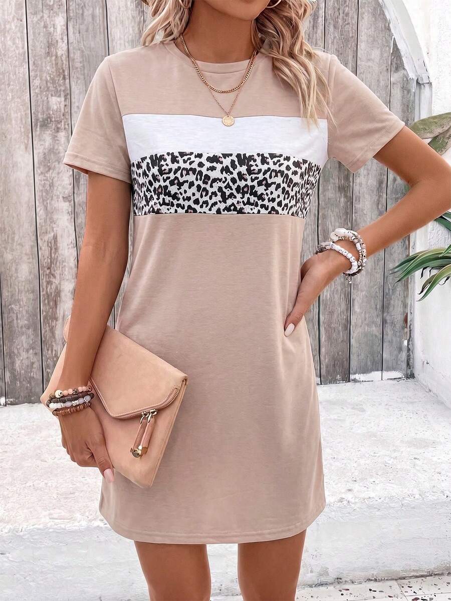 EMERY ROSE Women's Casual Leopard Print Patchwork Round Neck Short Sleeve Dress - Multicolor - View 1