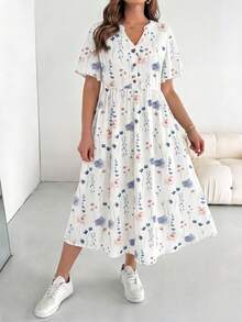 SHEIN Essnce Đầm ngắn tay có túi, họa tiết hoa, kiểu dáng thường ngày, dành cho nữ cỡ lớn, mùa hè. - Nhiều màu - Xem 6