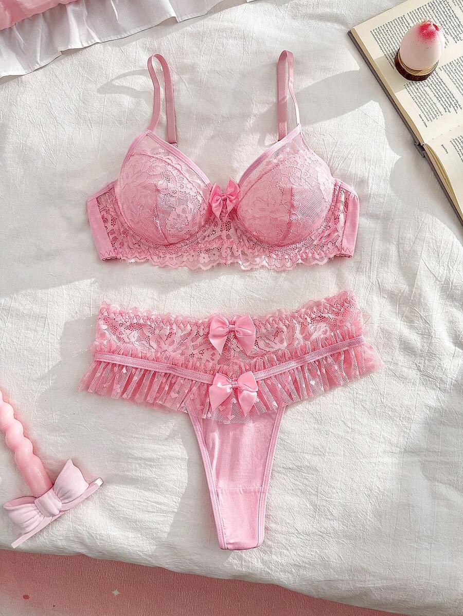 PetitDoll Bộ 2 món áo ngực và quần lót ren hồng phối nhiều lớp dành cho nữ. - Hồng - Xem 1