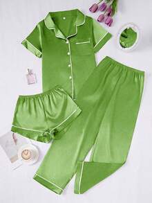 SHEIN 3pcs Contrast Trim Solid Color Faux Silk Lapel Women Pajama Set - Lime Green - View 3