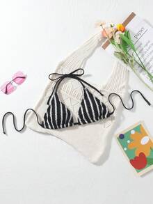 Swim Vcay 3pcs Women's Swimwear Top Set Textured Beige Red Striped Black And White Striped Bikini Top Summer Casual Sexy Beach Vacation Style Bathing Suits Tops - Multicolor - View 7
