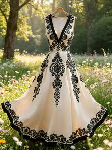 SHEIN Franclia Sleeveless Dress With Deep V-Neck Design, Paired With Exquisite Black Embroidery, A-Line Skirt Silhouette For Elegant And Vintage Charm - Apricot - View 3