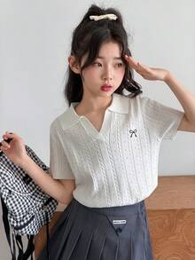 Dazy Kids Tween Girls' Bow Embroidery Short Sleeve Casual Knit Top - Beige - View 8