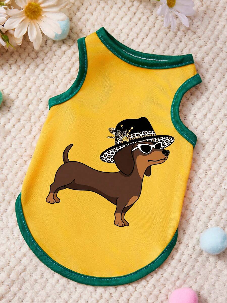 PETSIN 1 Áo khoác có mũ in hình chó Dachshund cho thú cưng, kiểu dáng thường ngày, mềm mại và thoáng khí, đường may màu xanh lá cây và vàng. - Nhiều màu - Xem 1