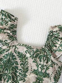 SHEIN 女童休闲度假绿色图腾印花喇叭袖上衣+裤子套装，适合春、夏、秋季穿着，上衣后背饰有蝴蝶结。 - 綠色 - 查看 3