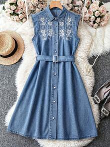 Đầm denim nữ không tay, cài cúc phía trước, họa tiết hoa, phong cách thường ngày. - Màu xanh lam - Xem 8