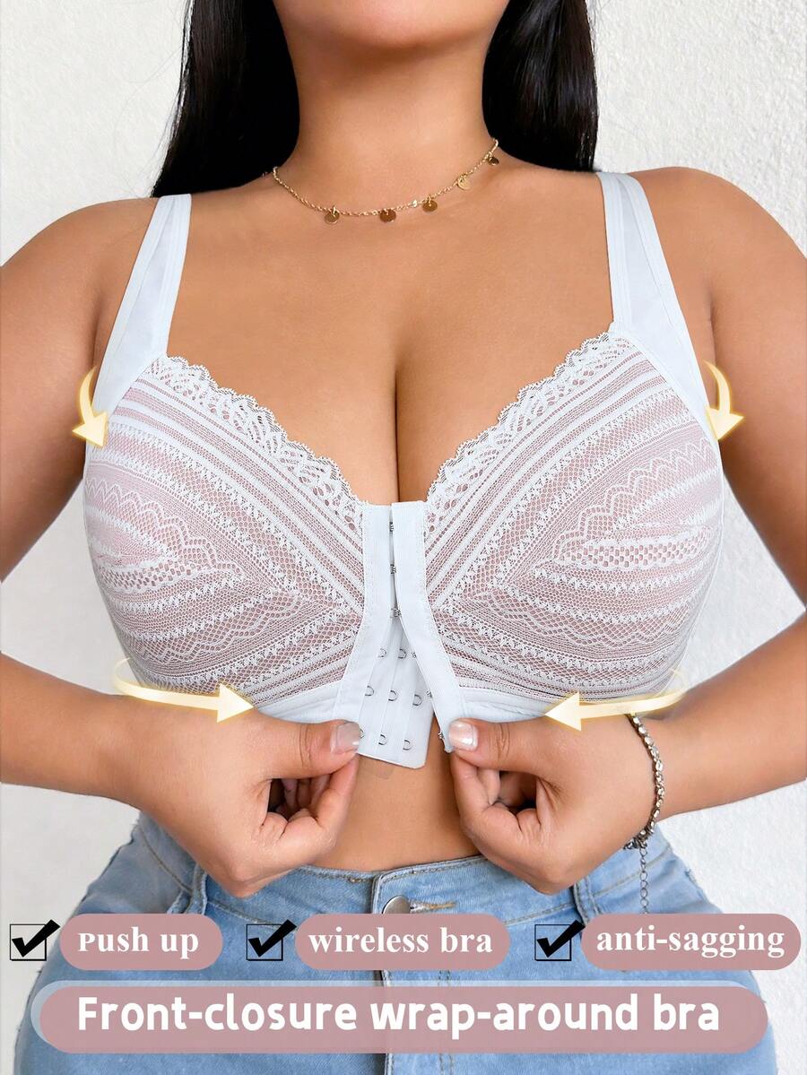 1 pieza Sujetador inalámbrico de encaje con cierre frontal, tela delgada que levanta y realza el busto, anti-caída, cómodo y de soporte, talla grande - Blanco - Ver 1