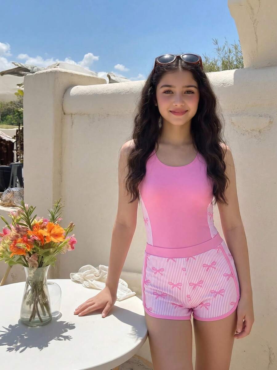 SHEIN 女童蝴蝶印花拼接纯色连体泳衣，搭配棕榈树印花短裤，适合夏季、冲浪、海滩、度假、游泳池等场合。 - 淺粉色 - 查看 1