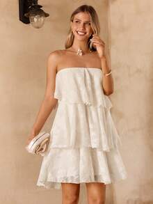 Enchnt Summer Romantic Women's Fashion Strapless Ruffle Short Double-Layer Cake White Dress, Bridal Shower Dresses For Bride, Baby Shower Dresses,Sweet&Elegant For Wedding,Social&Vacation&Date&Party&Going Out,Summer Outfit Women,Summer Dresses For Women White Dresses For Women Short Strapless Dress Tiered Dress - Apricot - View 3