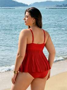 Swim Lushoire Áo tắm tankini hai dây kiểu dáng tối giản dành cho phụ nữ cỡ lớn, chất liệu vải gợn sóng, phong cách Châu Âu và Mỹ, dành cho người trưởng thành. - Đỏ - Xem 2