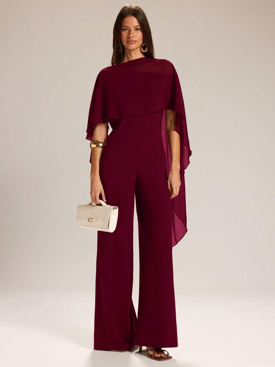 SHEIN BAE Jumpsuit Lengan Kelelawar Warna Cokelat untuk Wanita, Musim Semi/Panas - Burgundy - View 1
