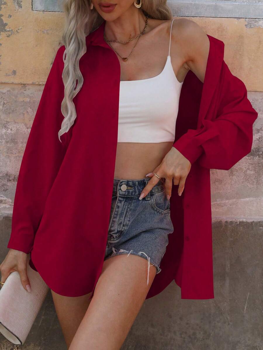 EMERY ROSE Solid Color Long Sleeve Loose Casual Summer Versatile Shirt - Burgundy - View 1