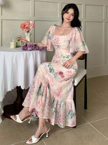 DAZY 优雅印花长裙，女士春夏连衣裙 - 粉色 - 查看 9