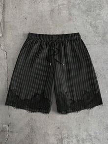 AXEPEAK Men's Striped Short Sleeve Single-Breasted Shirt And Shorts Casual Suit - Black - View 5