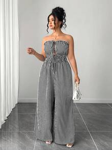 SHEIN Tall CURVE 大码女式条纹抹胸系带休闲日常连体裤 - 黑與白 - 查看 3