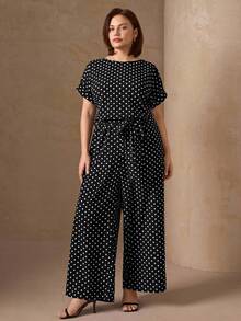 SHEIN Clasi Plus Size Polka Dot Print Round Neck Casual Short Sleeve Jumpsuit - Black - View 5