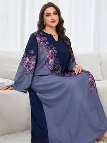 Al Najma Plus Size Elegant Contrast Color Floral Print Flare Sleeve Dress - Navy Blue - View 5