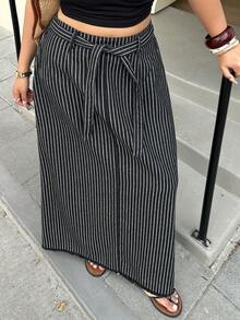 Dazy Plus Chân váy denim dáng chữ A kẻ sọc thời trang, cạp chun, thích hợp cho mùa xuân/hè. - màu đen - Xem 7