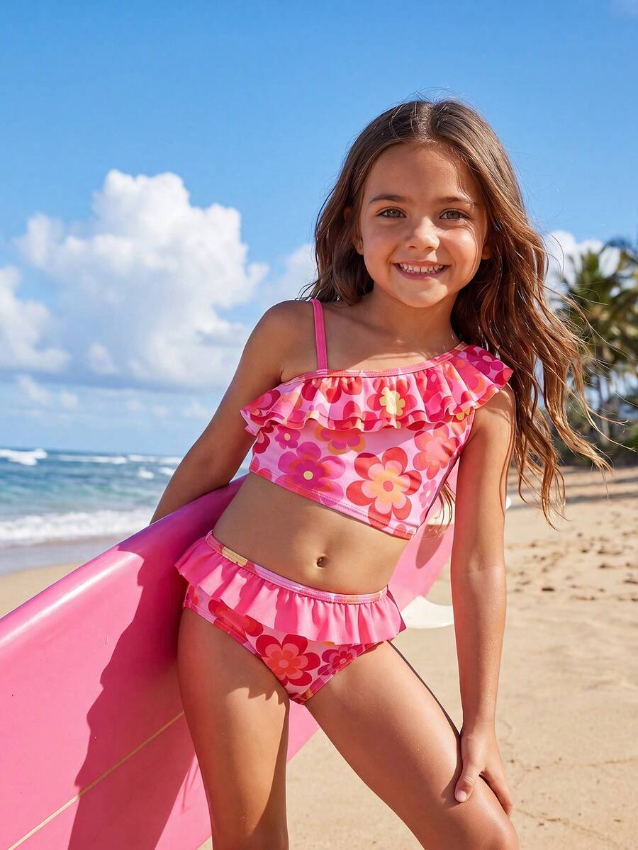 SHEIN Young Girl Floral Print Ruffle Trim Swimsuit Set, Summer Beach Vacation - Multicolor - View 1