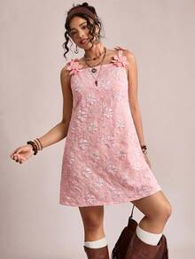 SHEIN LUNE Plus Size Summer Casual Jacquard 3D Floral Decor Dress - Pink - View 3