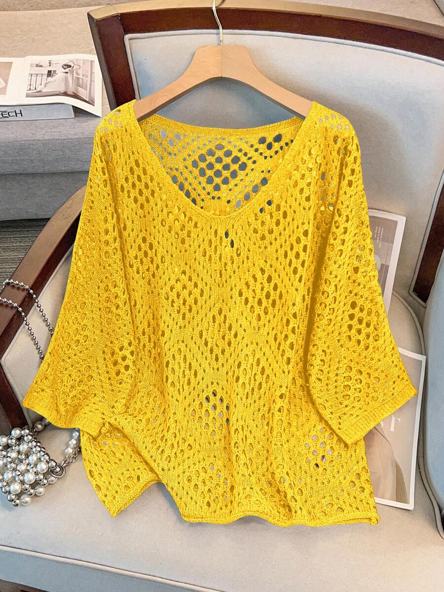 GlowEve CURVE Plus Size Women's Perforated 3/4 Sleeve Knit Sweater Fall - Yellow - View 1