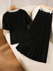GlowEve CURVE Plus Size Women Summer Elegant Black And White Faux Pearl Decor Short Sleeve Belted Top And Pleated Skirt Set,Chic Minimalist Dinner Outfit  Autumn - Black - View 2