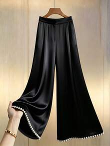 SHEIN Franclia Quần ống rộng cạp cao chất liệu satin màu vàng sâm panh, viền gấu đính ngọc trai, kiểu dáng thường ngày phù hợp cho tiệc tùng, công sở và nhiều dịp khác, tôn dáng và thanh lịch, chất liệu satin mềm mại, sang trọng. - màu đen - Xem 1
