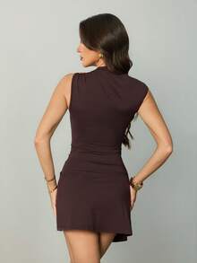 SHEIN Tall Brown Sleeveless Ruched Mini Dress For Women Casual Fitted Knitted Fabric With Asymmetrical Neck - Brown - View 2