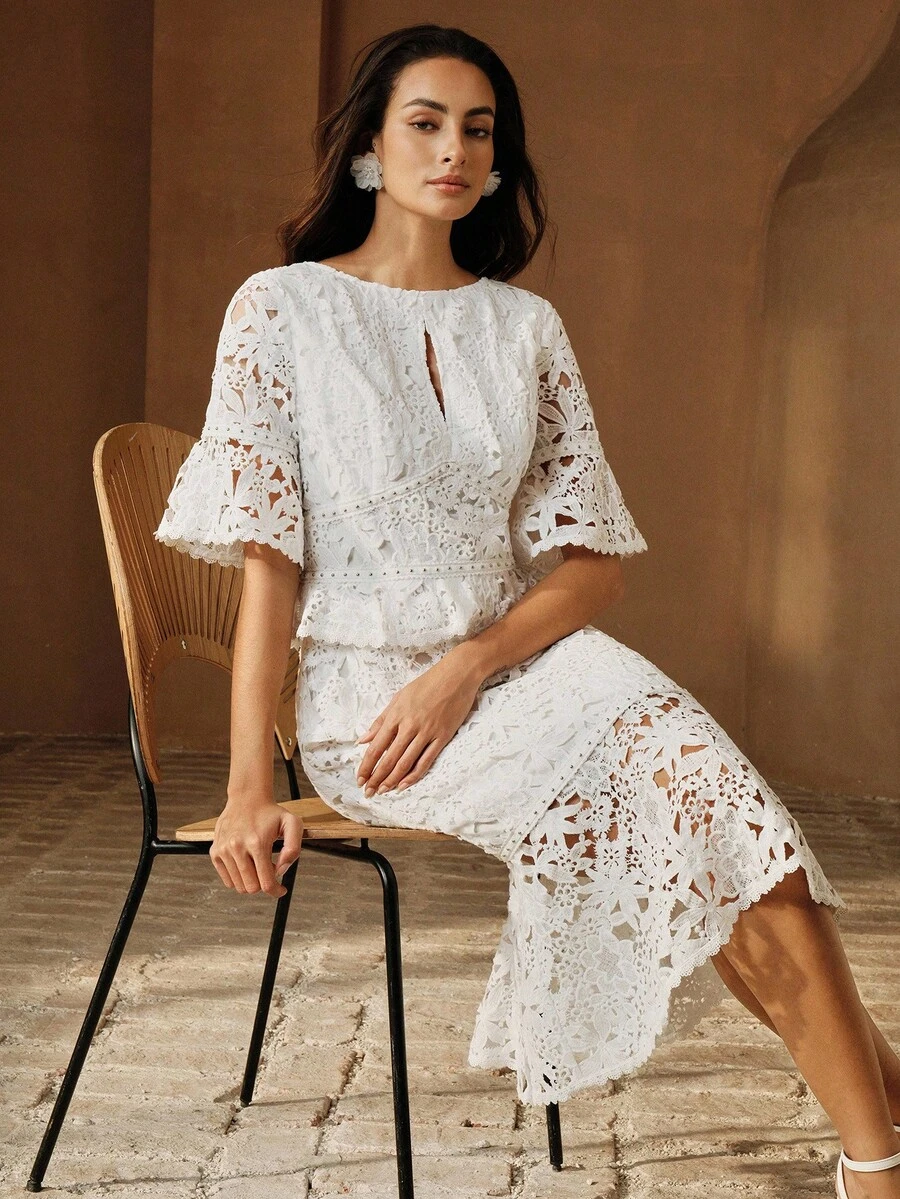 Anewsta Đầm midi dáng đuôi cá ôm eo, tay bồng, cổ tròn, khoét eo, ren thêu tinh tế dành cho nữ, thích hợp cho ngày Valentine, đám cưới, tiệc tùng. - trắng - Xem 1