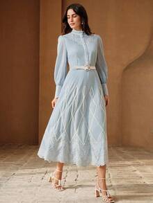 Anewsta Women's Embroidered Elegant Mid-Length Dress - Baby Blue - View 5