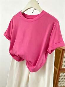 Resyla Plus Size Women Summer Solid Color Round Neck Short Sleeve T-Shirt - Hot Pink - View 1