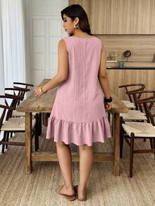 Weeklong Plus Size Women's Irregular Collar Ruffled Hem Textured Fabric Sleeveless A-Line Mini Dress, Casual Resort Wear For Spring/Summer - Dusty Pink - View 2