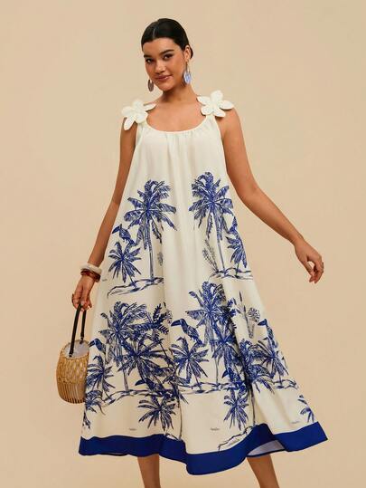 Travachic Vestido Casual Solto Sem Mangas com Estampa de Palmeira, Plus Size